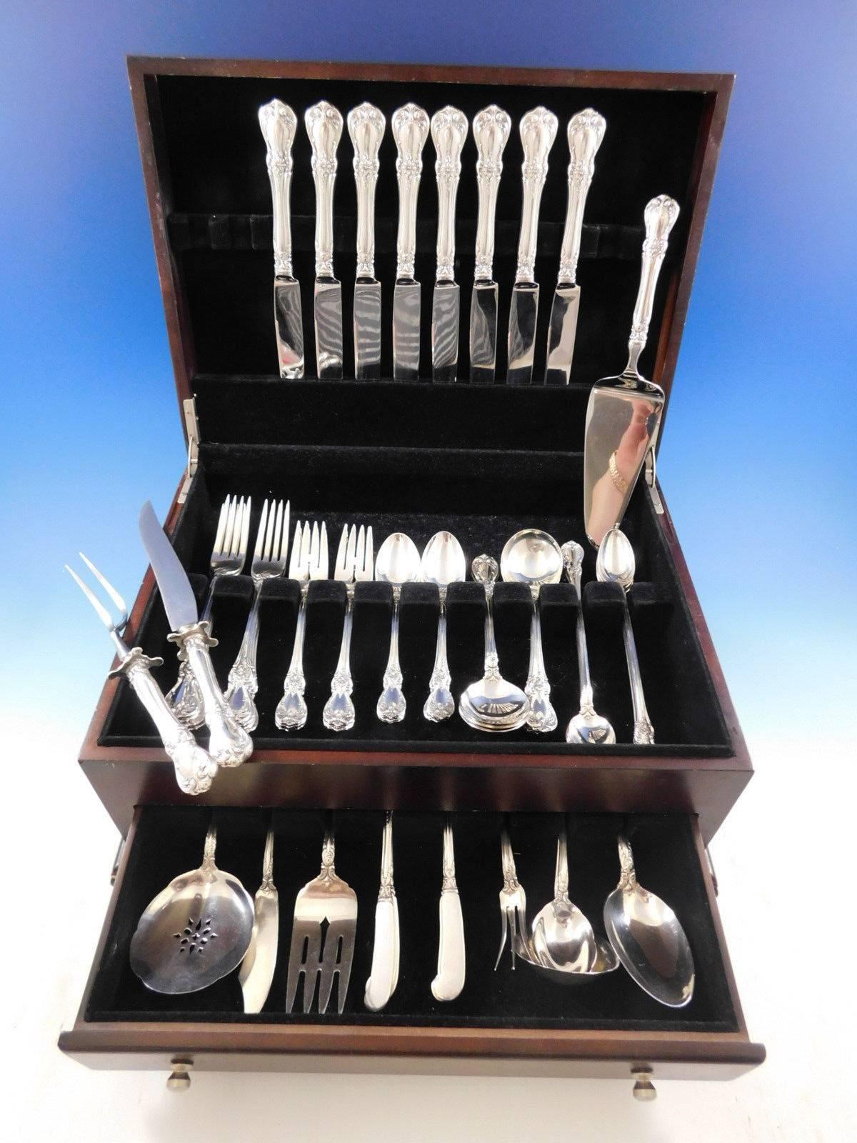 Dinner size old master by Towle sterling silver flatware set, 67 pieces. This set includes: 

Eight dinner size knives, 9 5/8