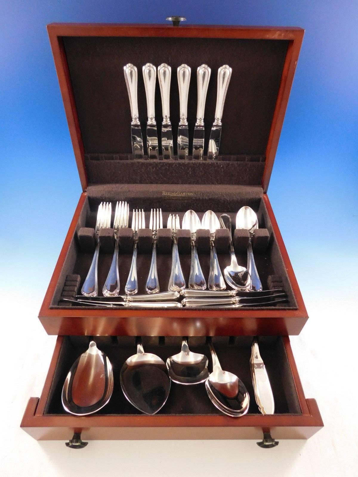 Spatours by Christofle France Silverplated Flatware set, 52 pieces. This set includes:

6 Regular Knives, 8 7/8"
6 Large Dinner Forks, 8 1/8"
6 Salad/Fish Forks, 6 7/8"
6 Large Teaspoons/Dessert Spoons, 6 5/8"
6 Place Soup