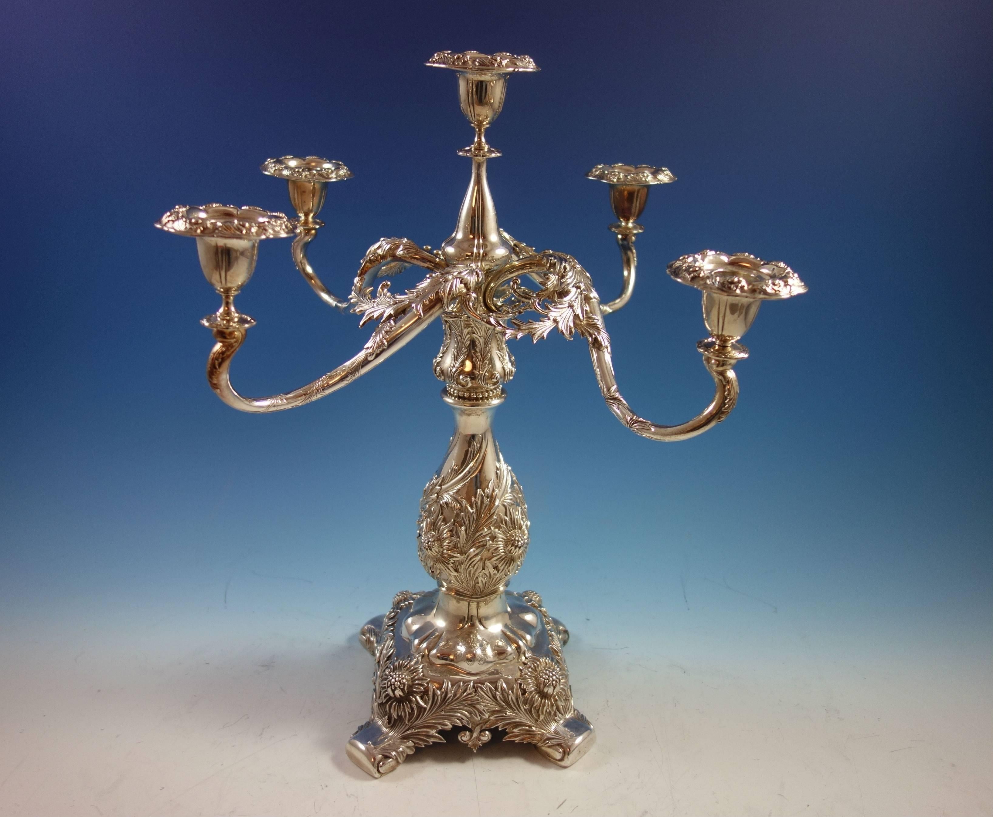 Impressively gorgeous pair of Chrysanthemum by Tiffany & Co. sterling silver candelabras with 5 lights. They are decorated with applied chrysanthemums and leaves. The pieces are marked with #13244/1900 and have a 