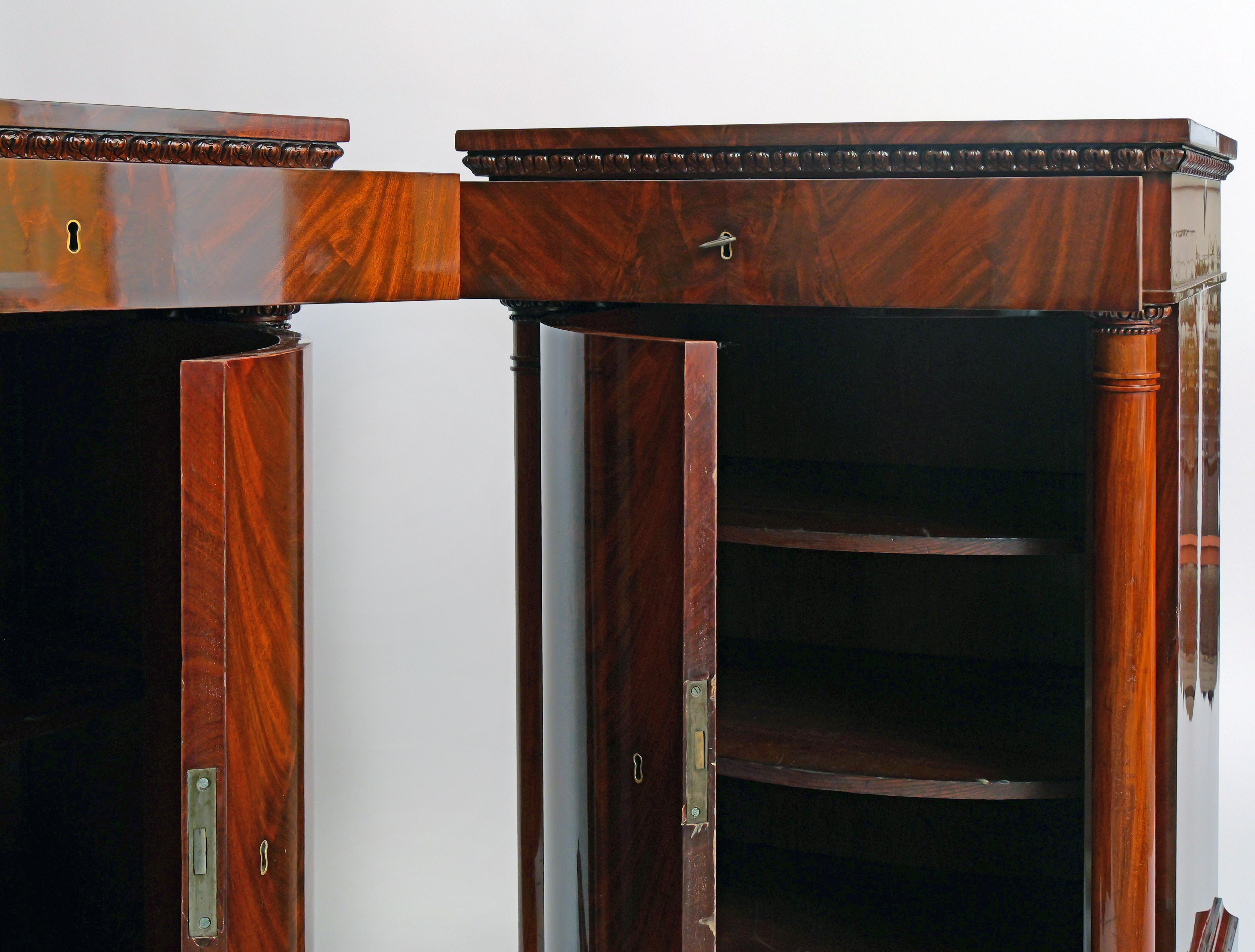 Neoclassical Pair Of Pillar Cabinets, Curved Door With Flanking Columns And Head Drawer, 1810 For Sale