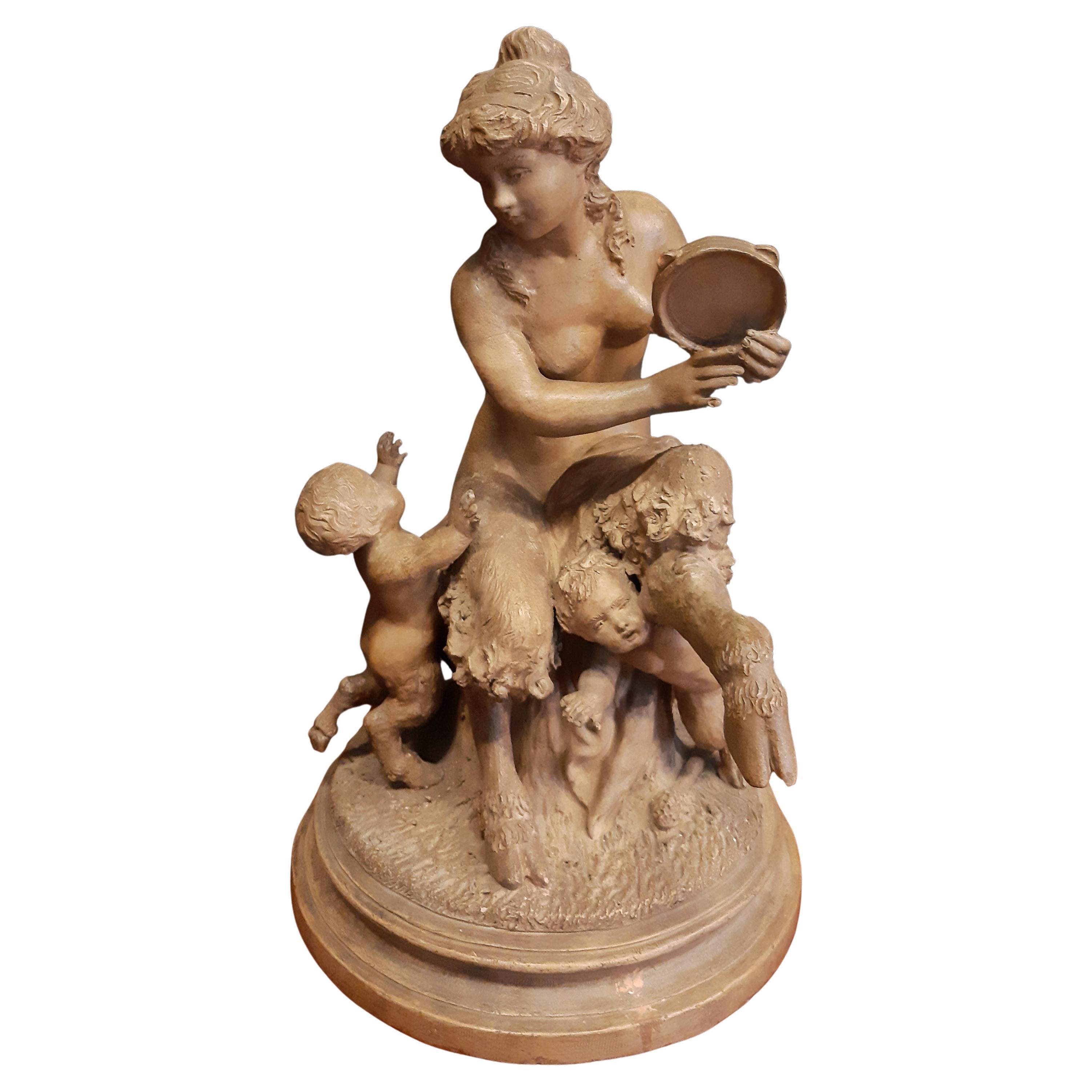 Scultura rococò in terracotta, Clodion, Fauno femmina e Fauni bambini in vendita