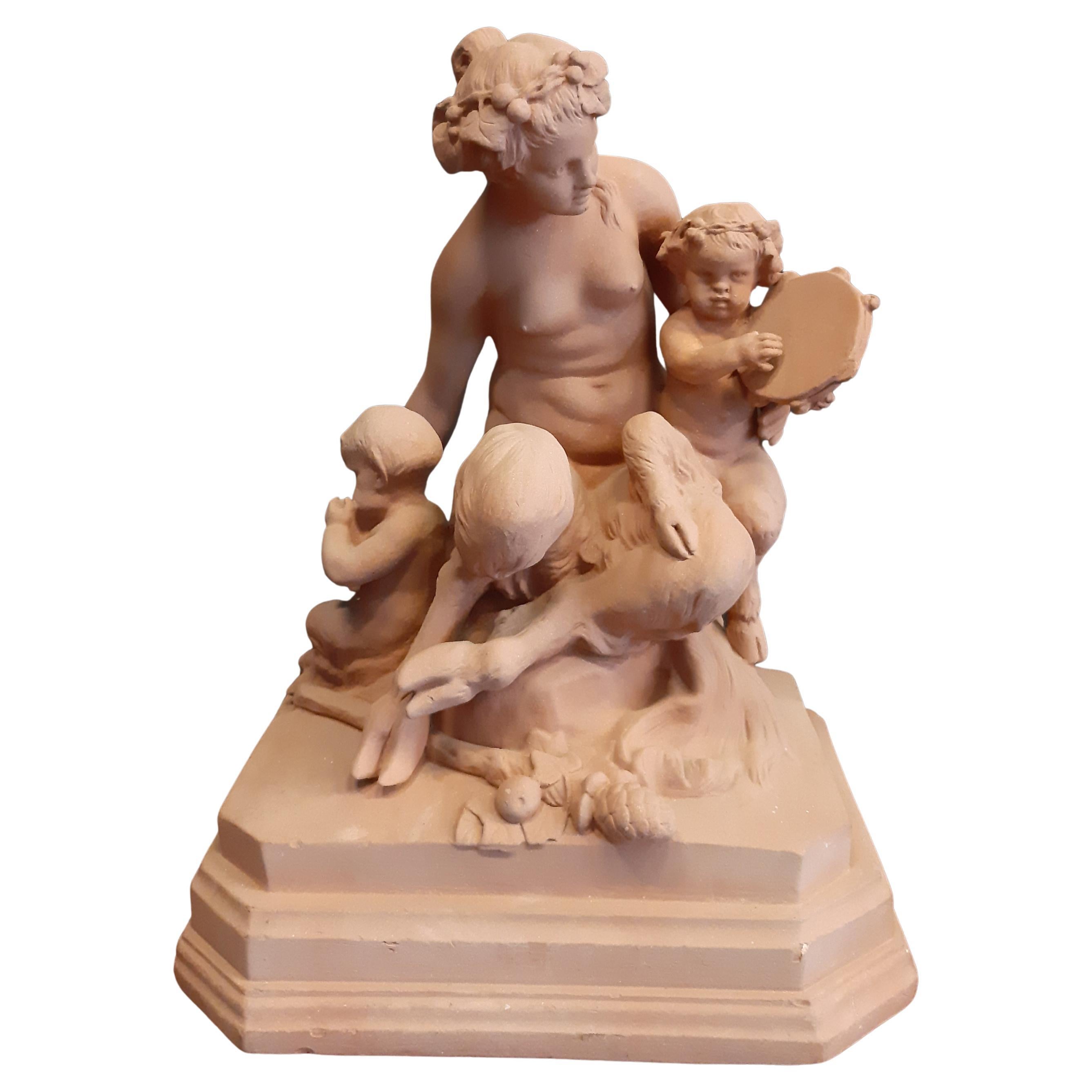 Sculpture en terre cuite de style rococo représentant un Faune avec ses enfants, Clodion en vente