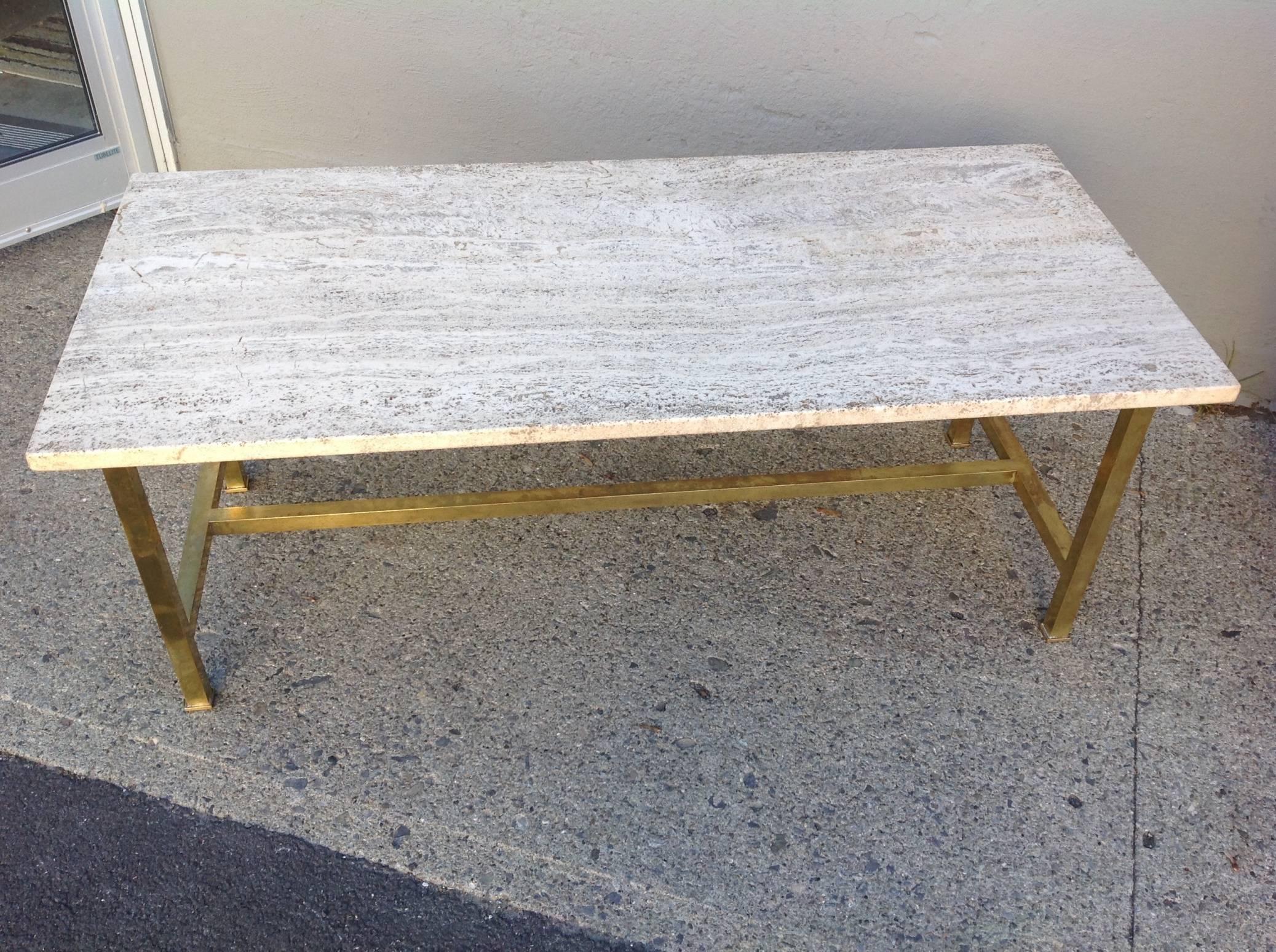 Harvey Probber square brass tube and travertine coffee table.