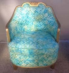 French Art Deco Gilt Lounge Chair with Round Pouf in the Style of Paul Follot