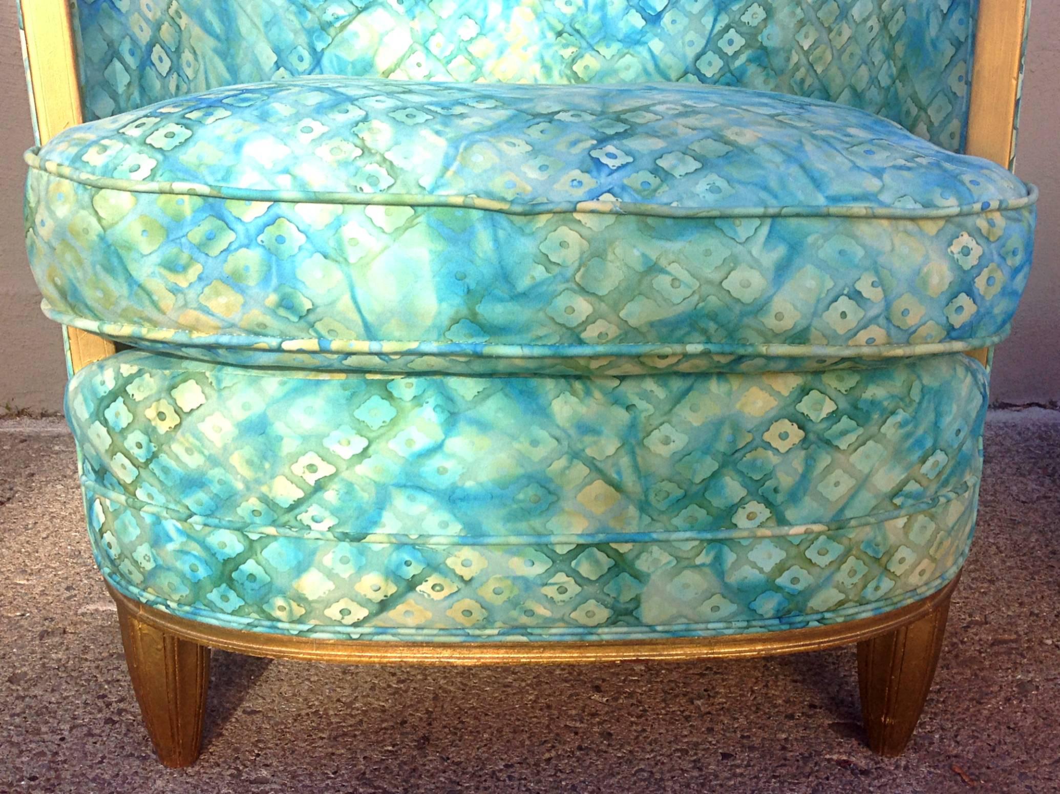 French Art Deco Gilt Lounge Chair with Round Pouf in the Style of Paul Follot In Good Condition For Sale In Hudson, NY