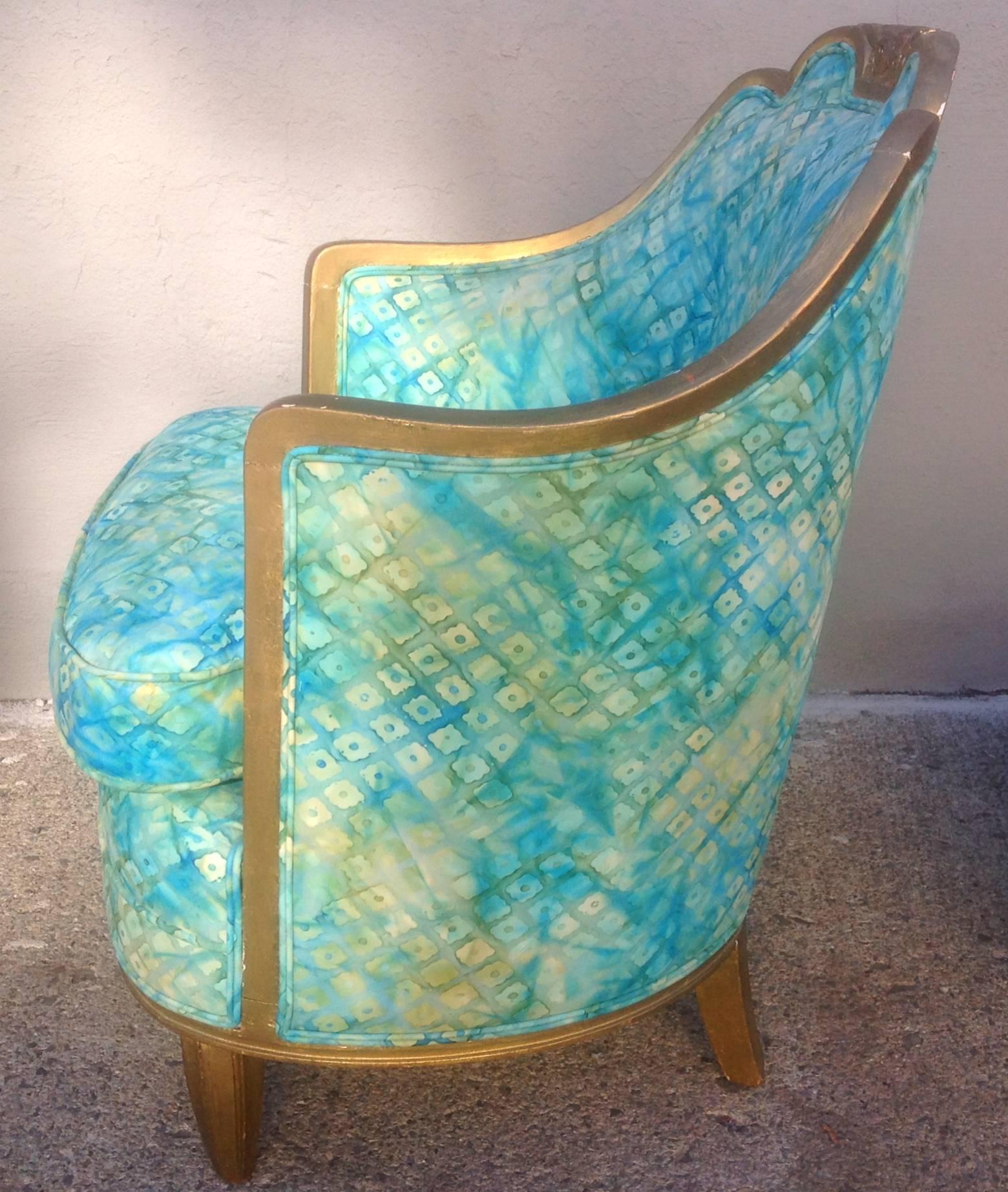 French Art Deco Gilt Lounge Chair with Round Pouf in the Style of Paul Follot For Sale 2