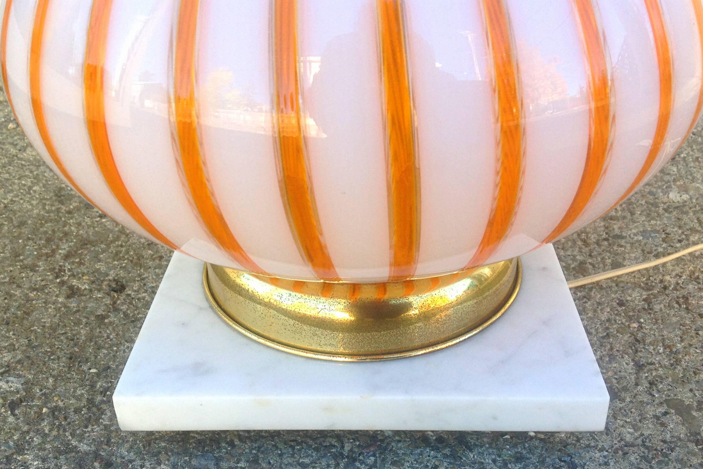 Mid-Century Modern Murano Candy Stripe Glass and Alabaster Table Lamp For Sale