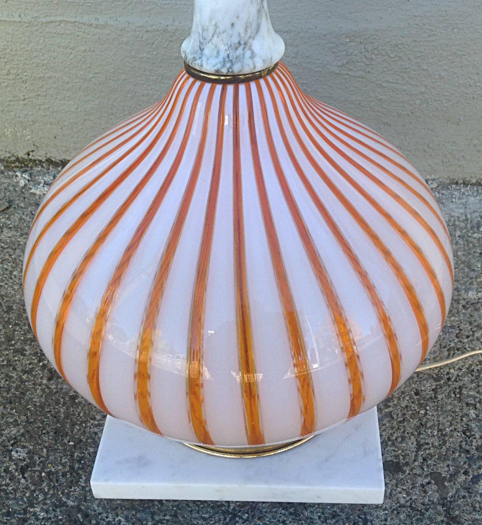 Italian Murano Candy Stripe Glass and Alabaster Table Lamp For Sale