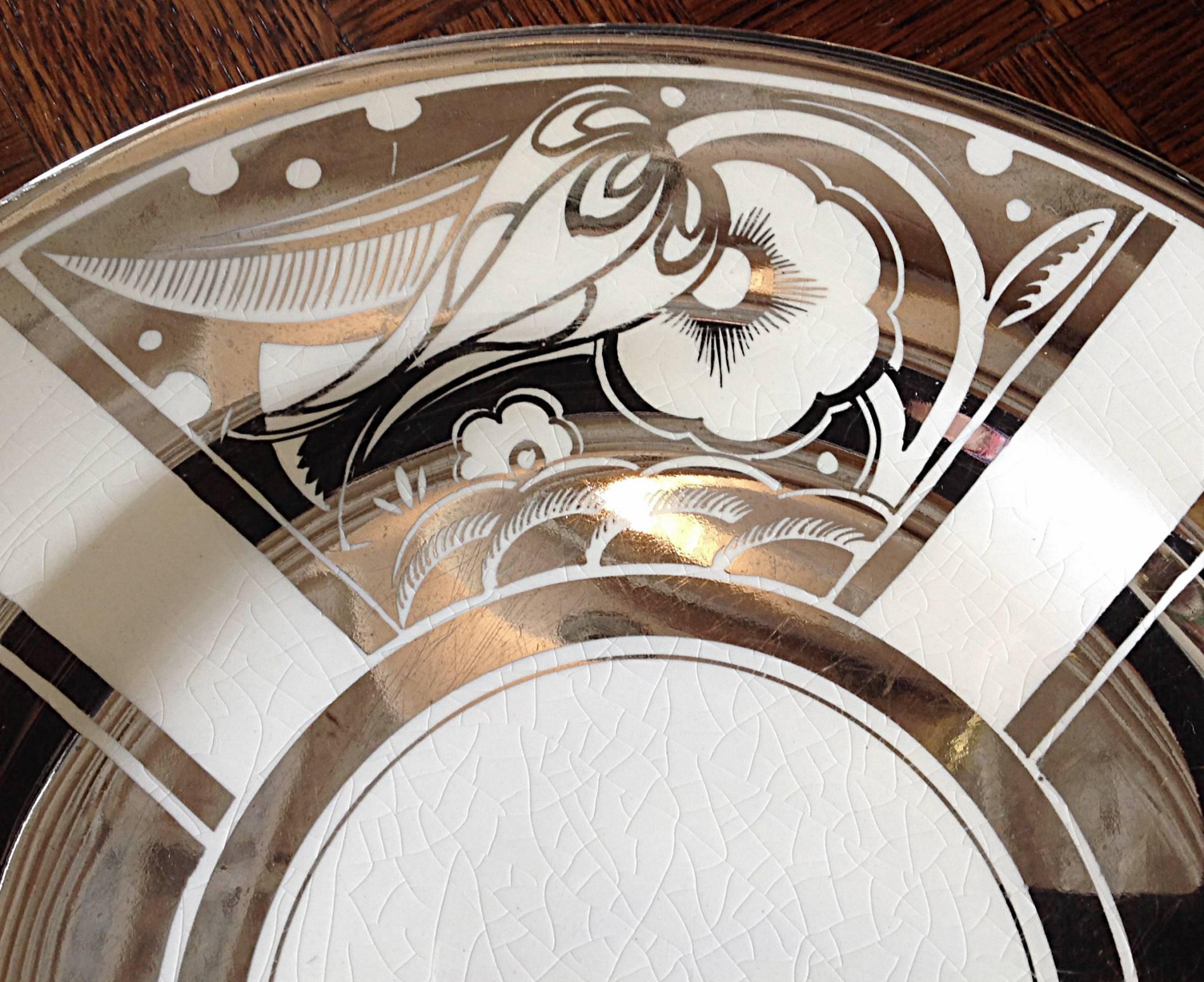 Art Deco Rare Set of Eight Platinum Transfer Dinner Plates by Susie Cooper For Sale