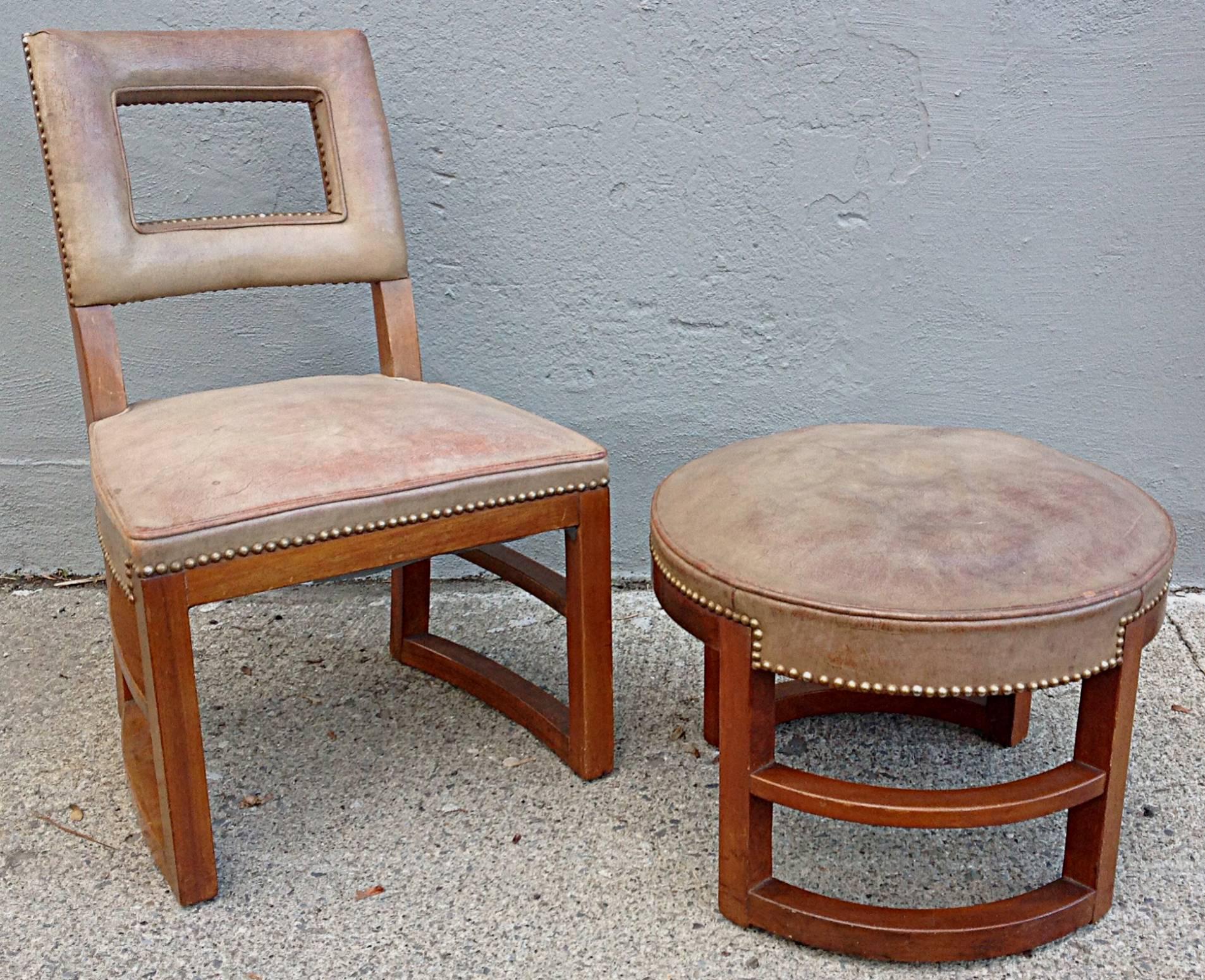 Very rare pull up chair and stool with bentwood construction as seen in the 1934 collection for Herman Miller. Retains original leather with nailhead trim and original finish. Excellent age appropriate condition in chair. The stool also in very good