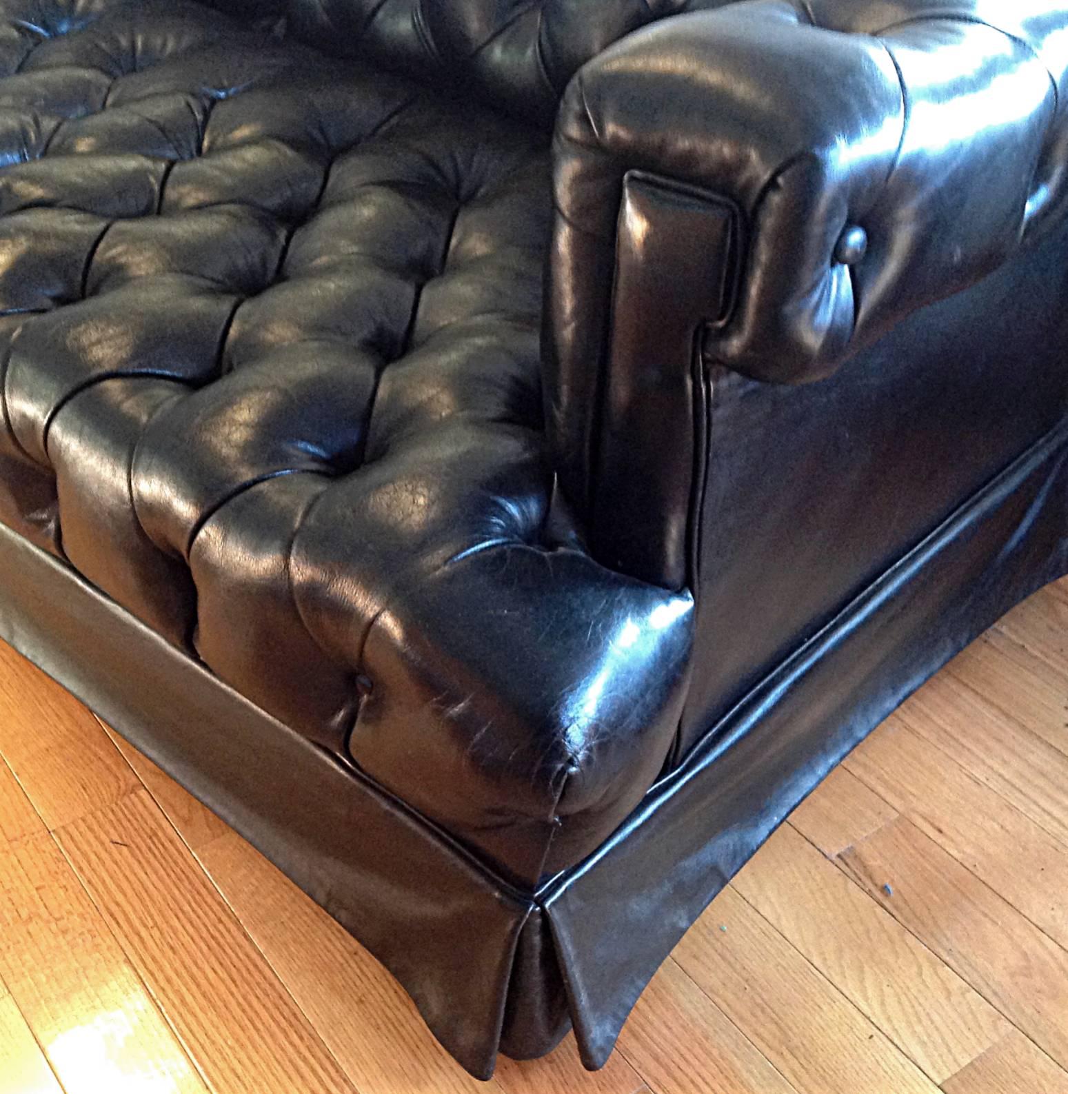 Tufted Black Leather Sofa In Excellent Condition In Hudson, NY