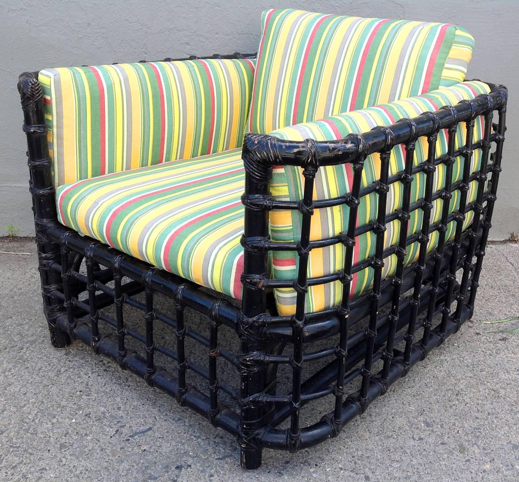 Cotton Pair of Bamboo Club Chairs in Black 