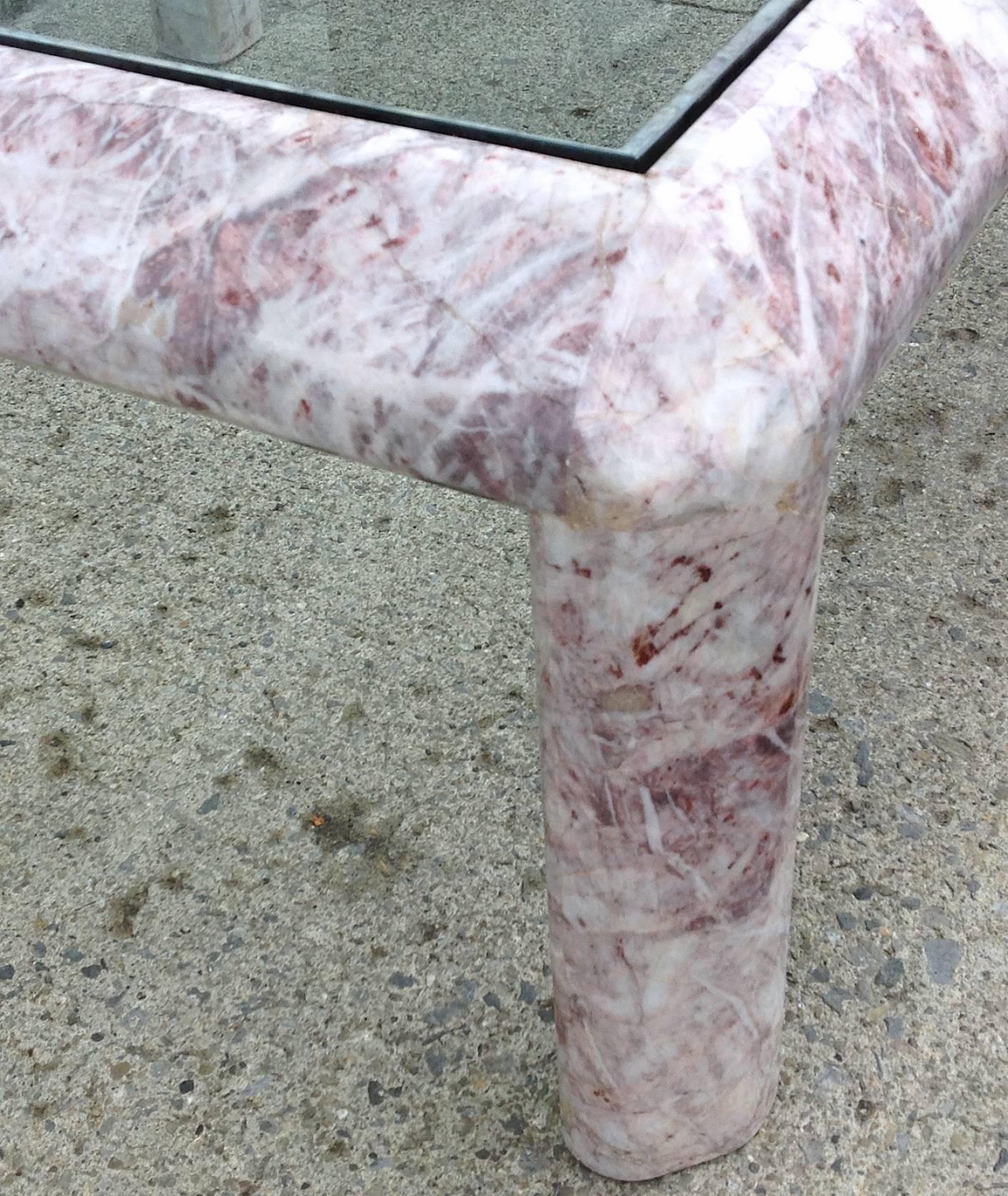 Square Marble Low Table with Inset Smoked Glass Top In Excellent Condition For Sale In Hudson, NY