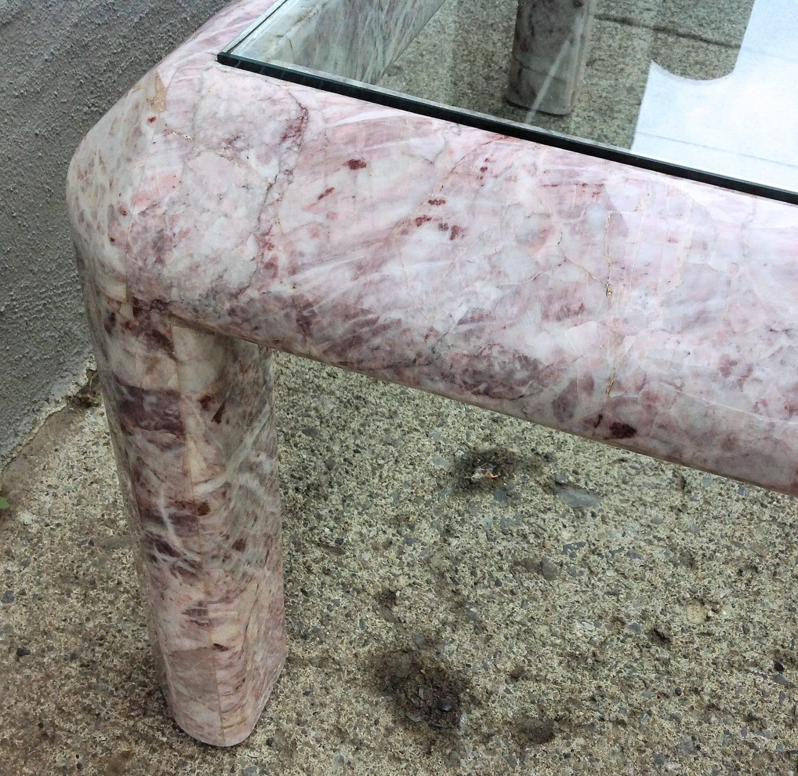 Late 20th Century Square Marble Low Table with Inset Smoked Glass Top For Sale
