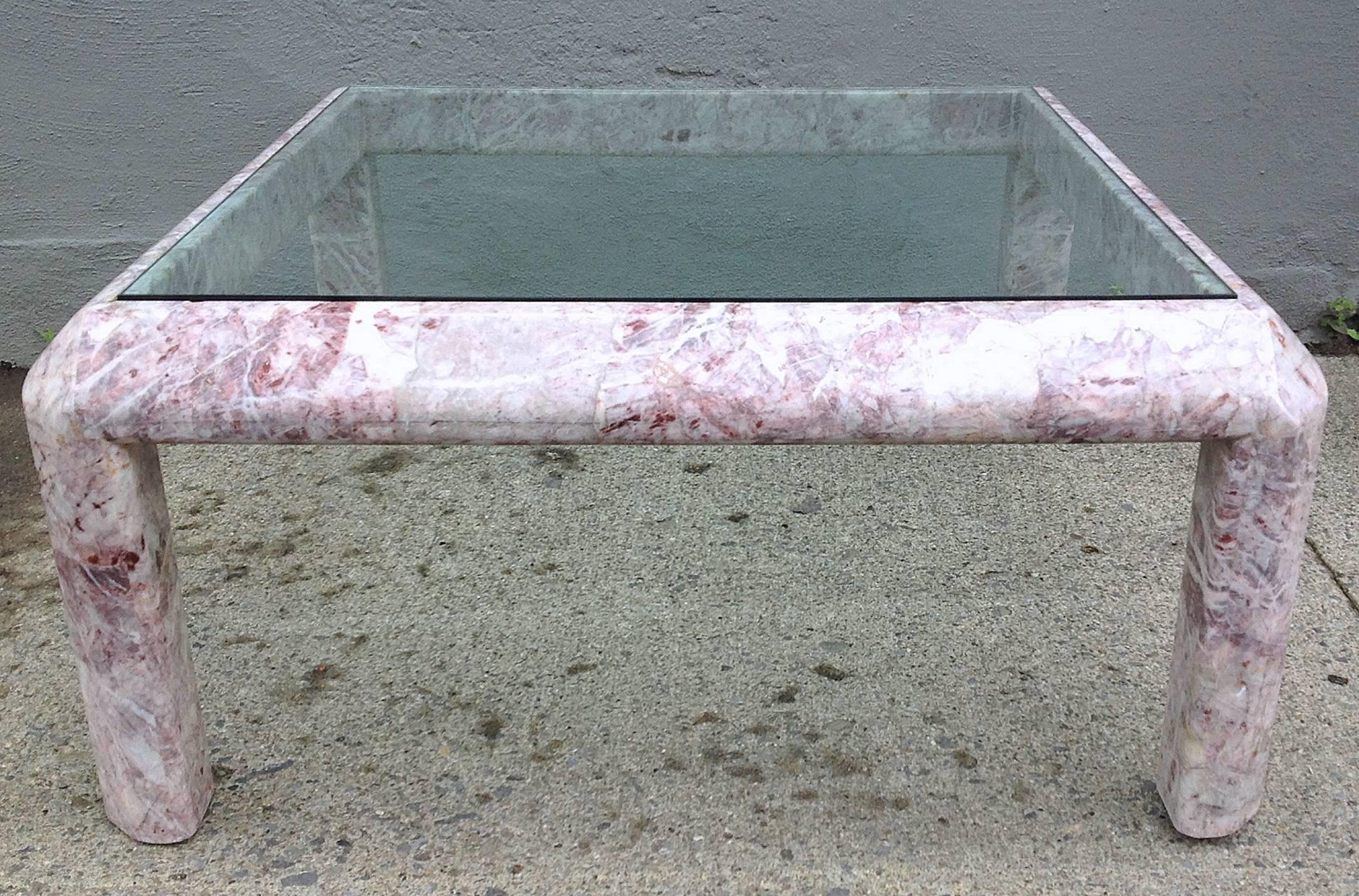 Square Marble Low Table with Inset Smoked Glass Top For Sale 2