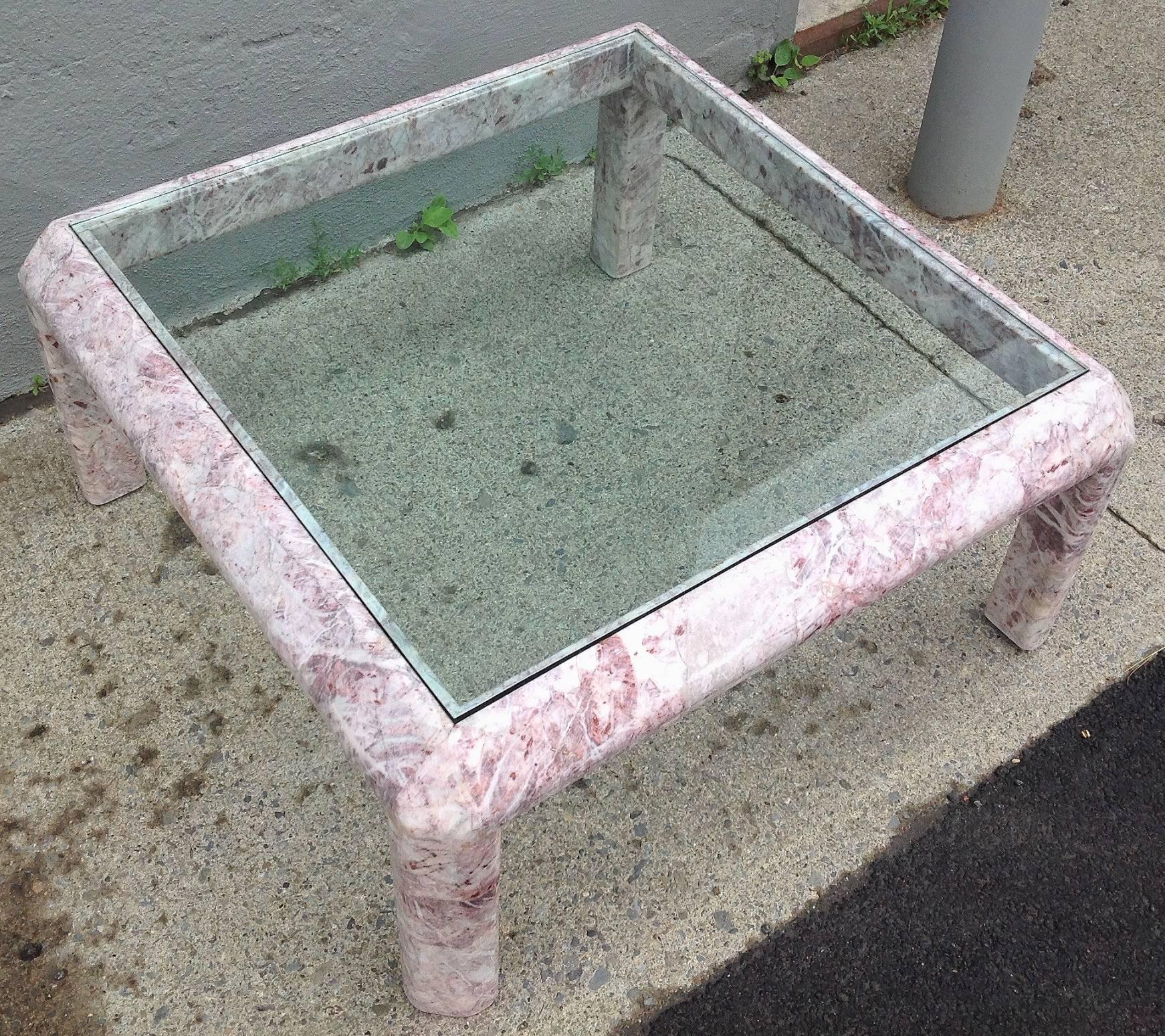 Square Marble Low Table with Inset Smoked Glass Top For Sale 3