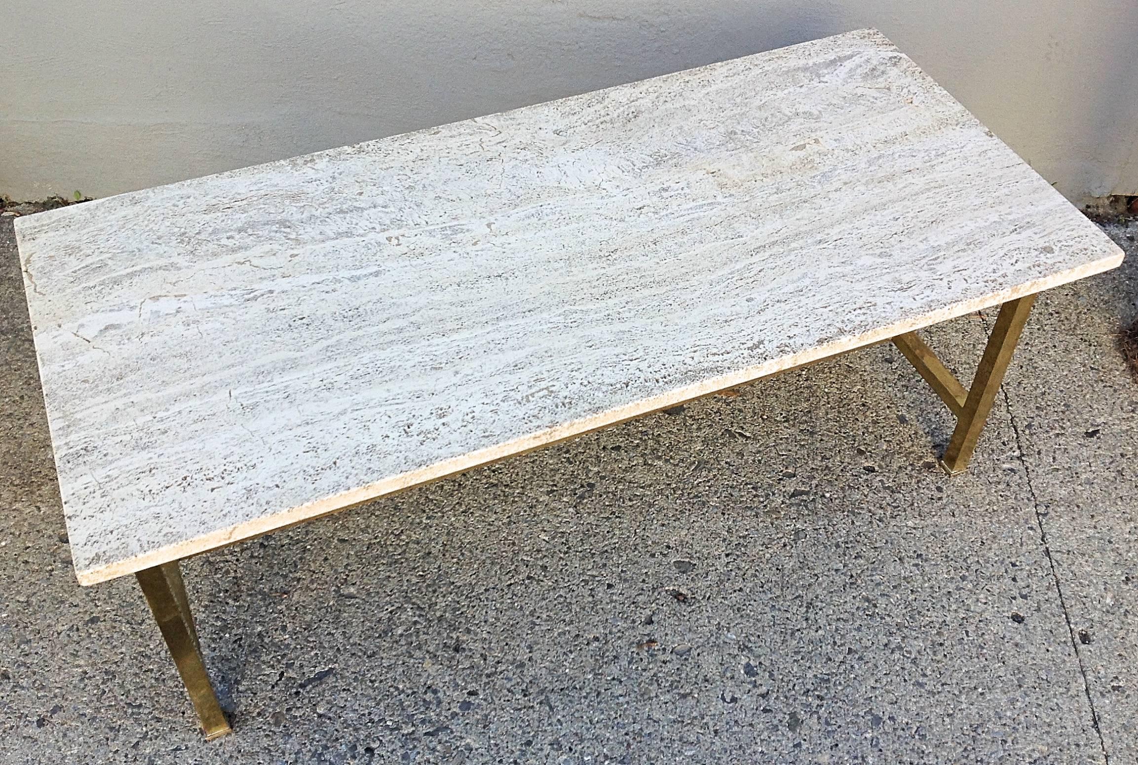 Mid-Century Brass and Travertine Coffee Table In Excellent Condition In Hudson, NY