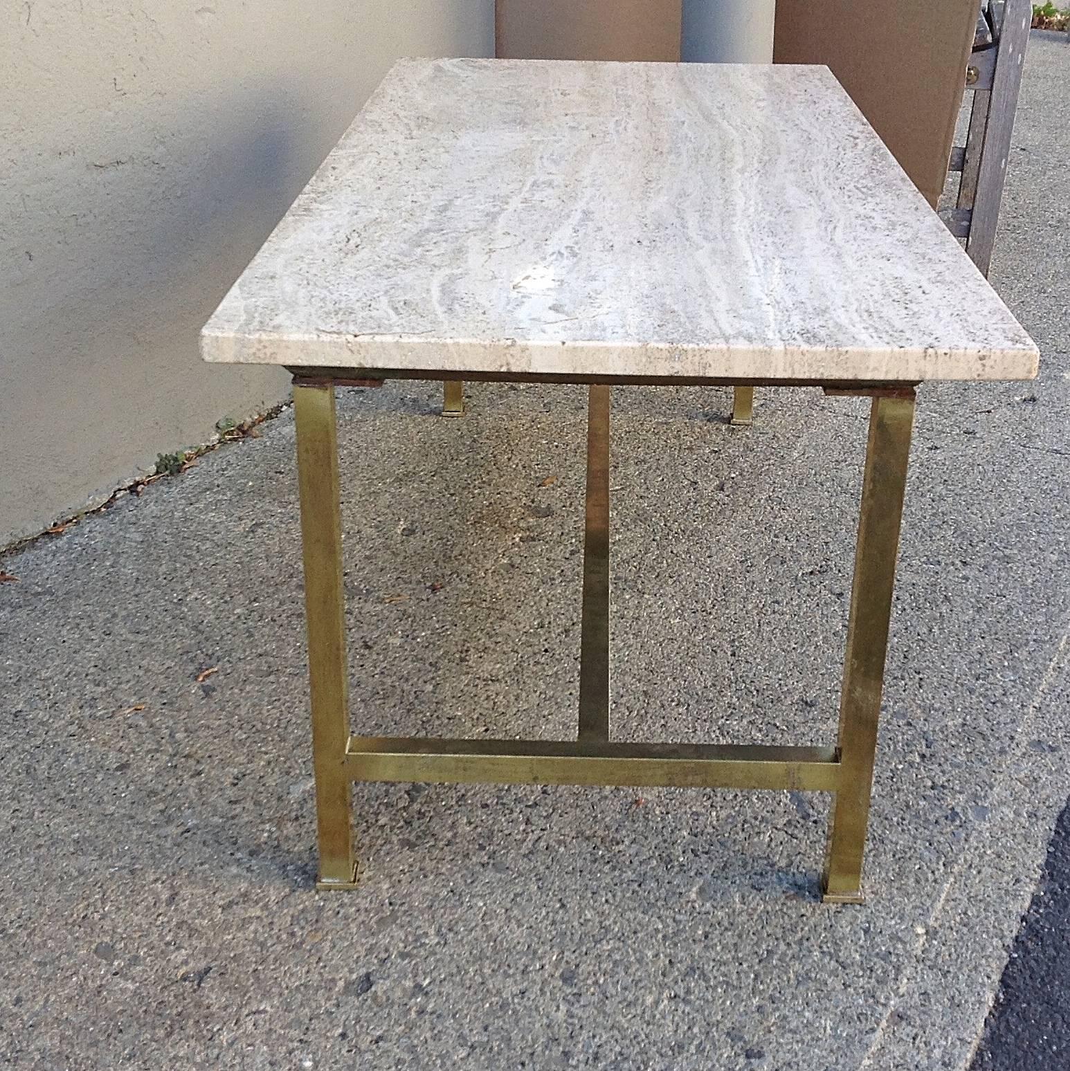 Mid-Century Brass and Travertine Coffee Table 3