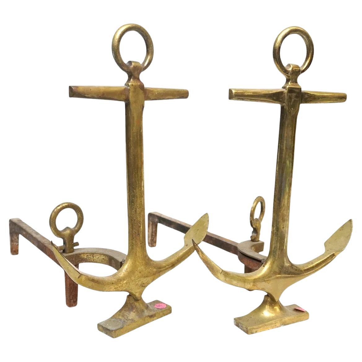 a pair of fine Brass Anchor andirons, circa 1950's
original design, fine quality , great functionality , aged patina 



