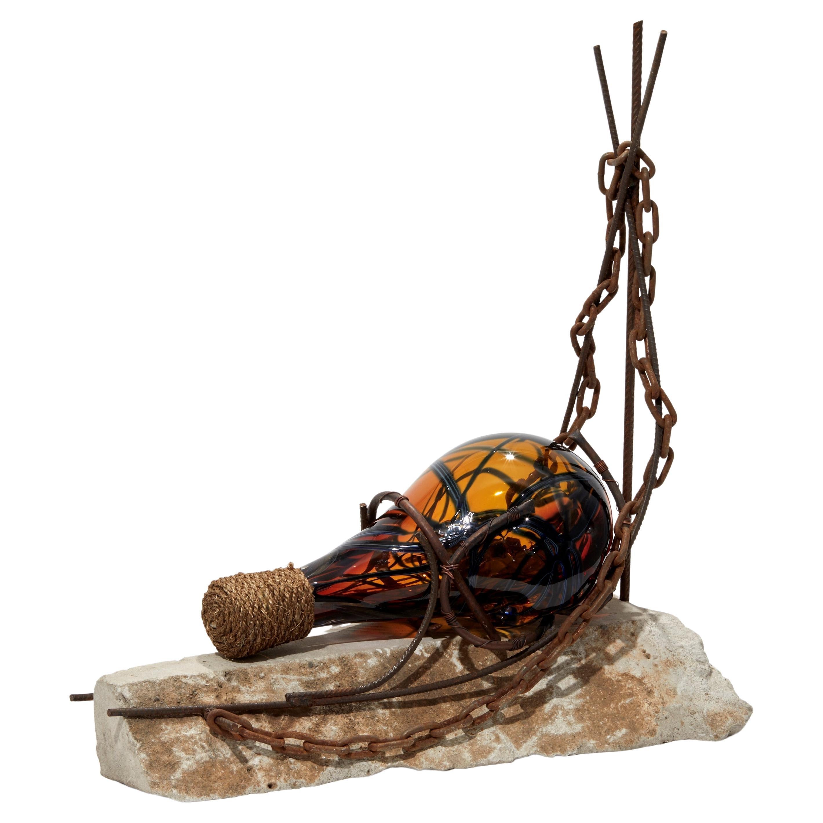 Message in a Bottle, Glass, Steel, Copper & Limestone Sculpture by Chris Day For Sale