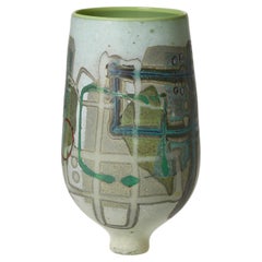 Vetrograph Caducous, a green, blue & red handblown glass vase by Anne Clifton