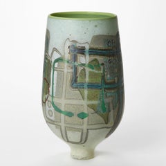 Vetrograph Caducous, a green, blue & red handblown glass vase by Anne Clifton
