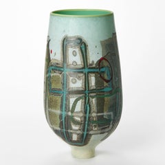 Vetrograph Renew, a teal, red & blue handblown glass vase by Anne Clifton
