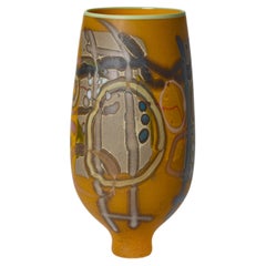 Vetrograph Hoplos, a ochre, teal & red handblown glass vase by Anne Clifton