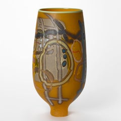 Vetrograph Hoplos, a ochre, teal & red handblown glass vase by Anne Clifton