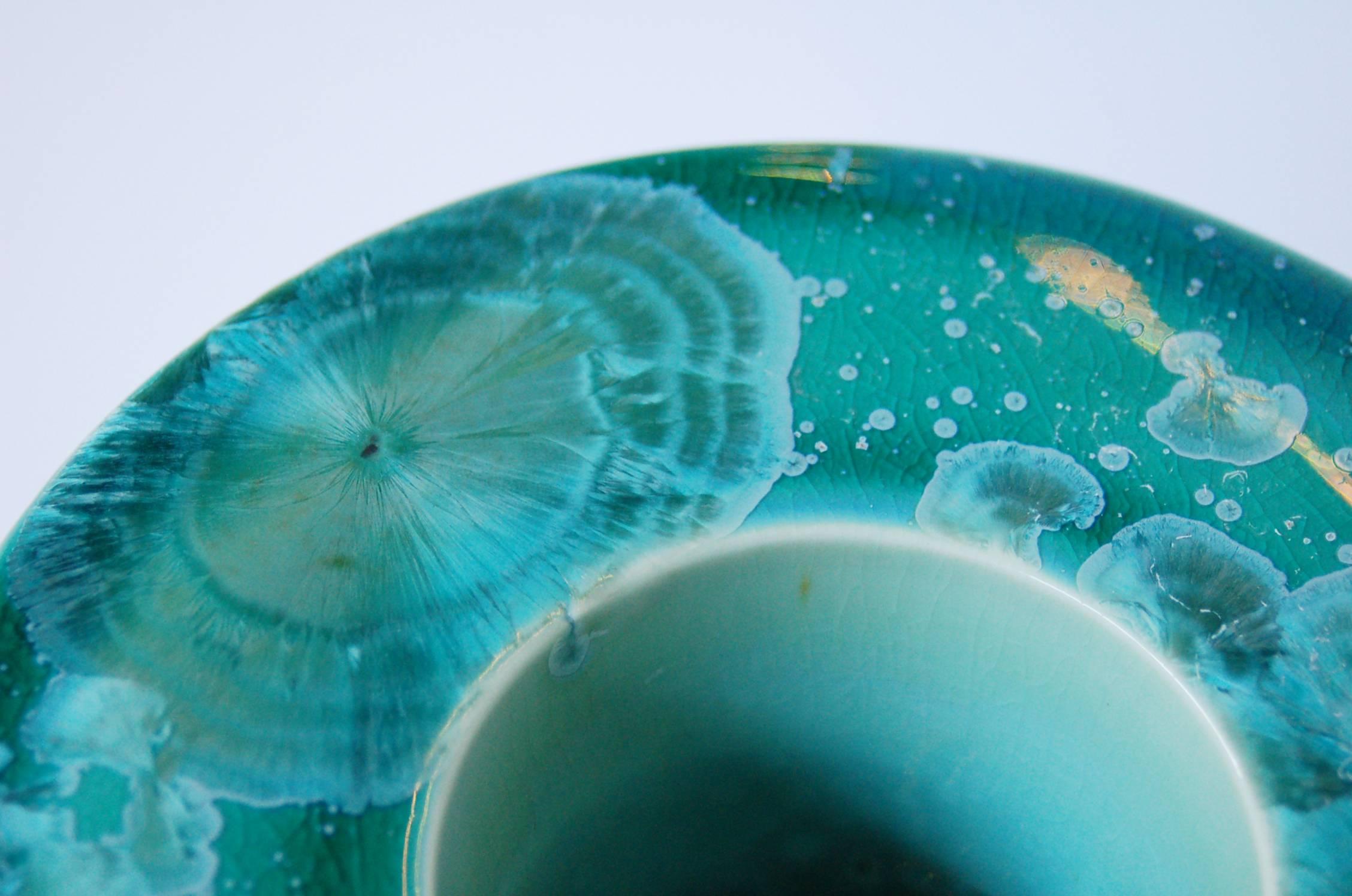 Enameled Turquoise Crystal Glazed Porcelain Double Walled Bowl For Sale