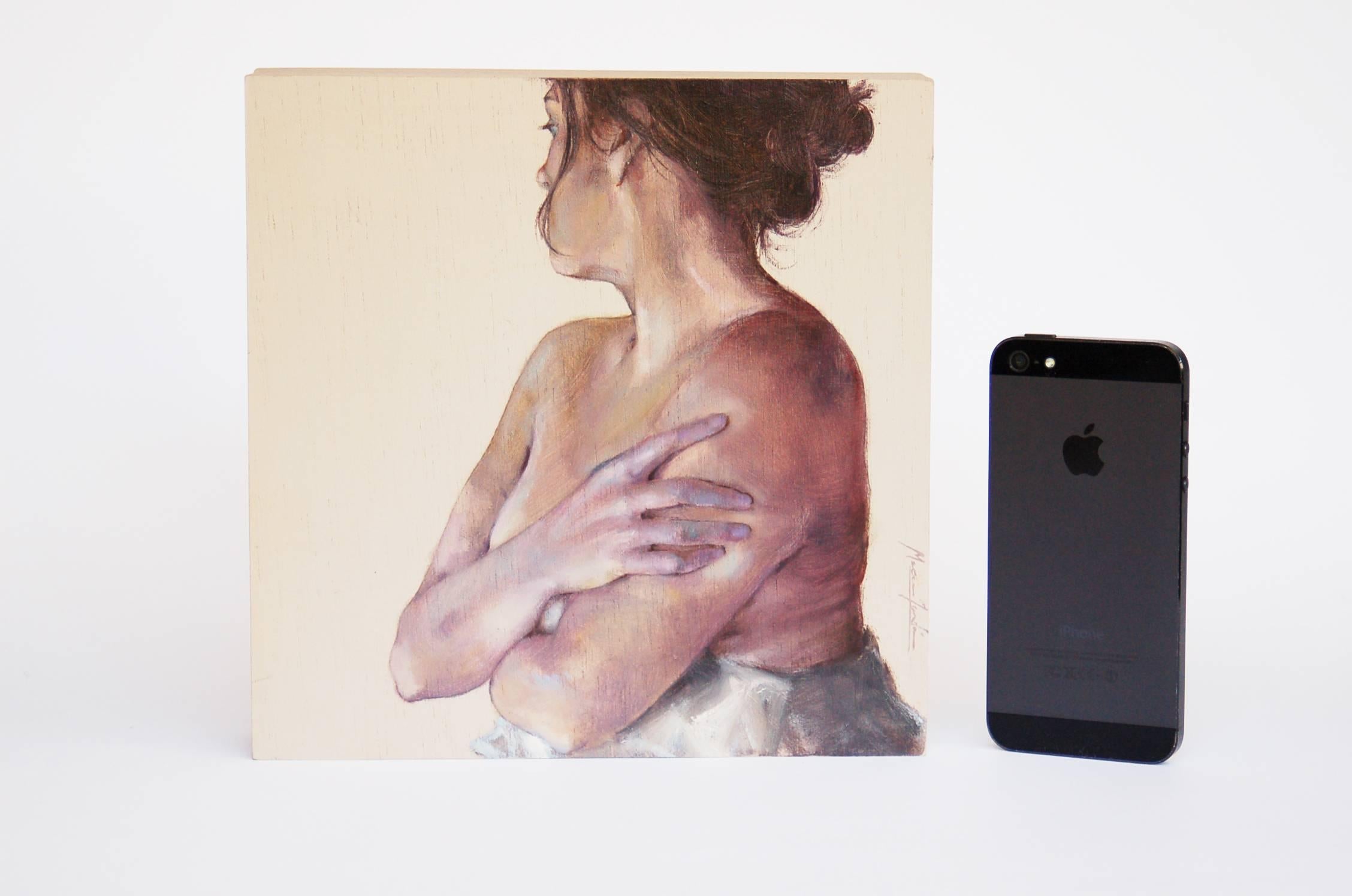 This oil painting on wood by Macu Jorda is a modern take on a traditional subject. The artist's mastery of anatomy drawing when combined with the subtle and elegant tones of this painting give a new dimension to the subject.
This work is signed and