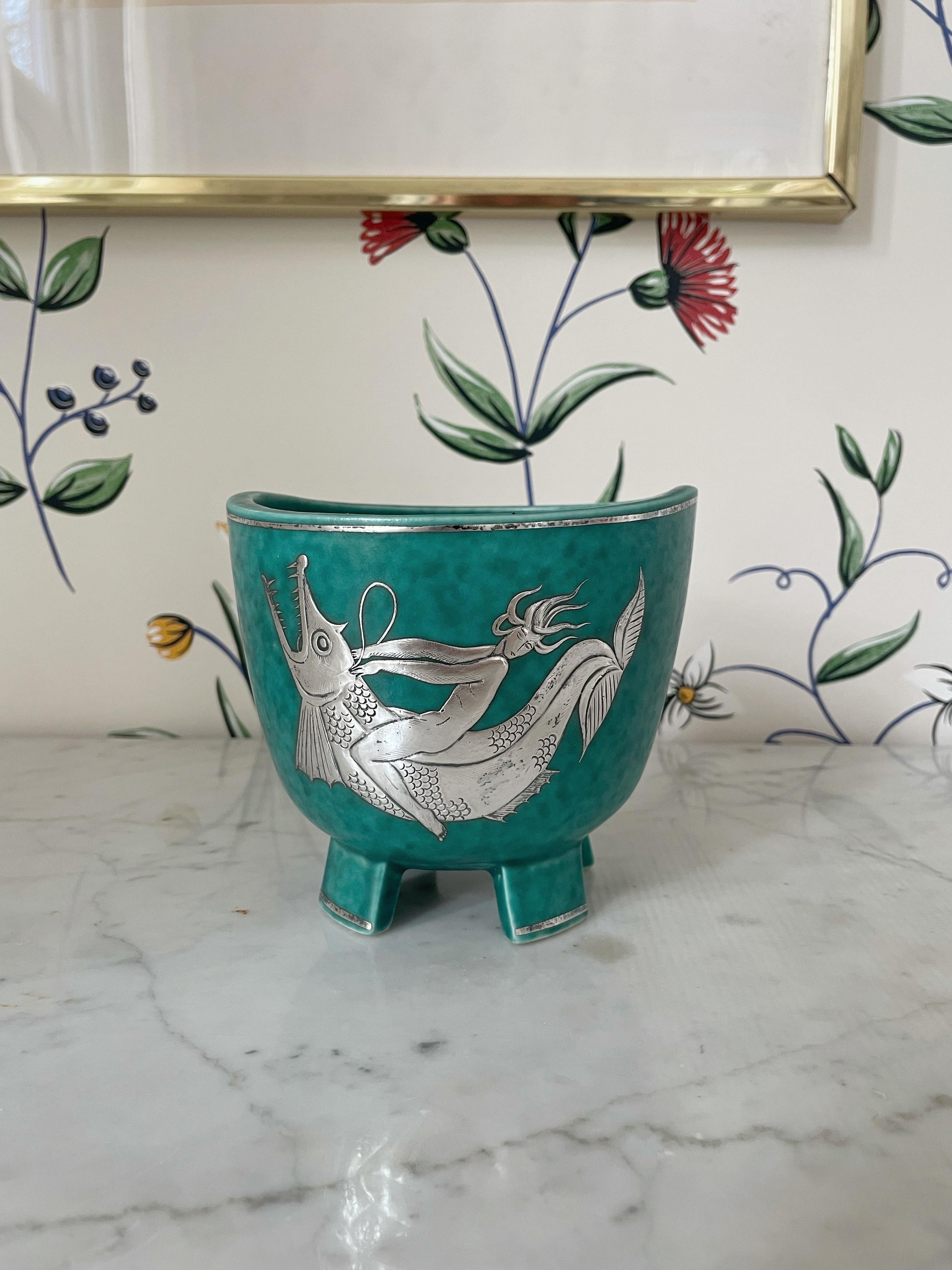 Vaso in ARGENTA con sirena e pesci, Wilhelm Kåge per Gustavsberg, Svezia, anni '30