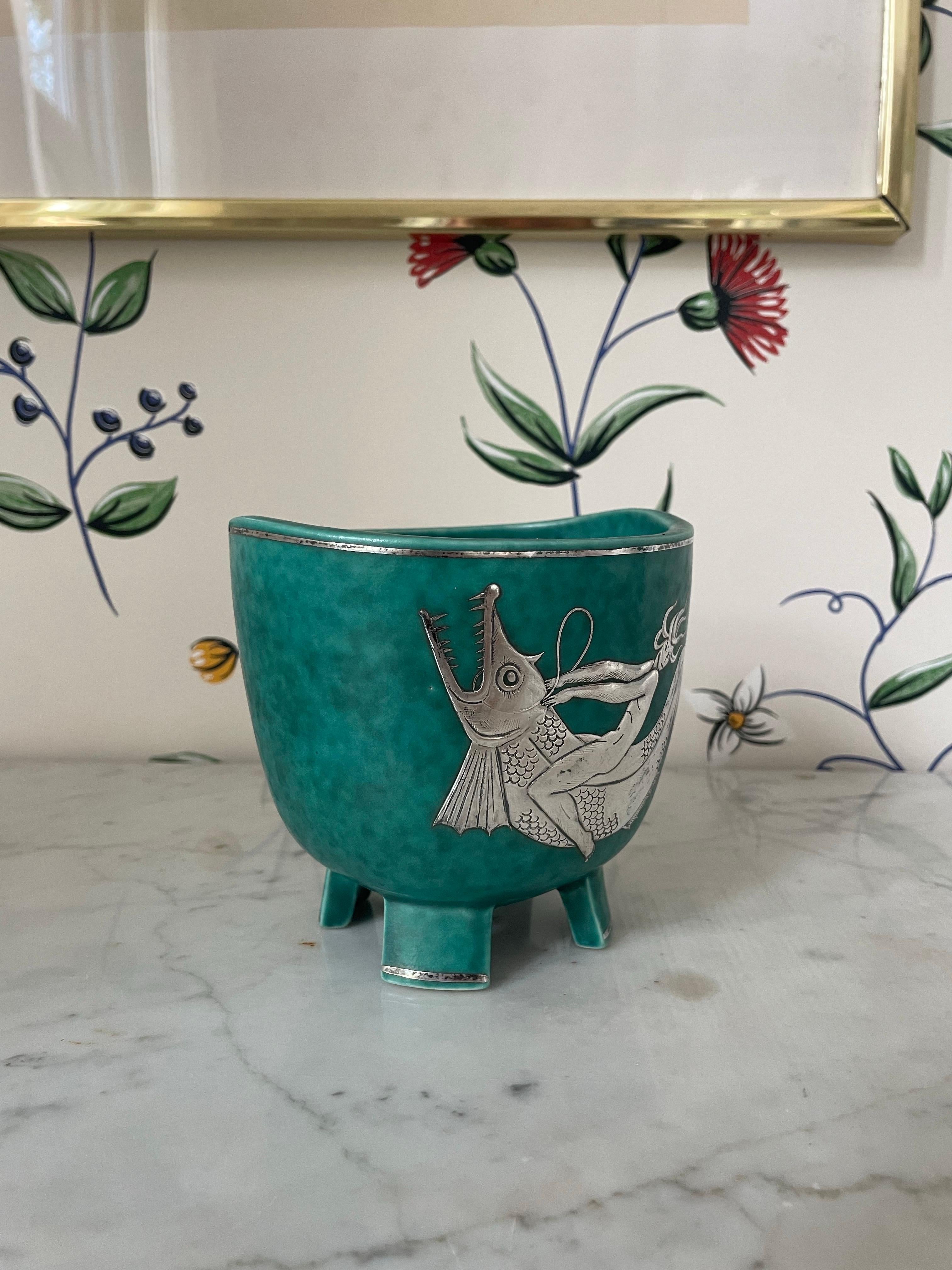 Art Déco Vaso in ARGENTA con sirena e pesci, Wilhelm Kåge per Gustavsberg, Svezia, anni '30 in vendita