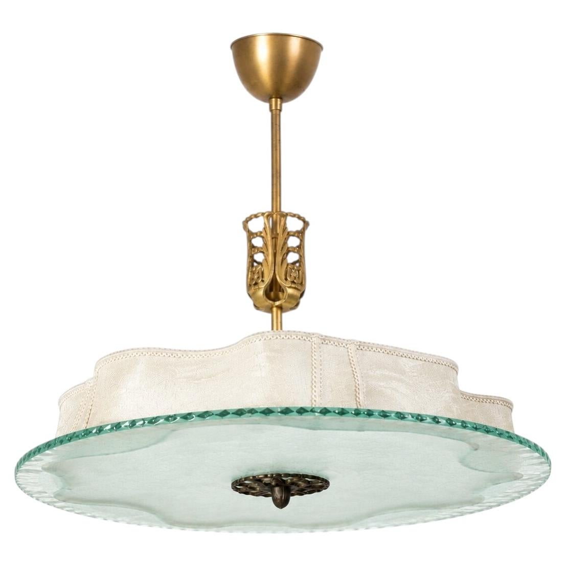 Swedish Art Deco Brass Pendant with Frosted Glass and Silk Shade, 1930s