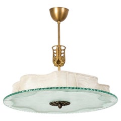 Swedish Art Deco Brass Pendant with Frosted Glass and Silk Shade, 1930s