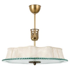 Swedish Art Deco Brass Pendant with Frosted Glass and Silk Shade, 1930s