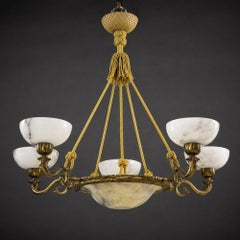 Large Swedish Art Deco Alabaster and Patinated Brass Chandelier, 1930s