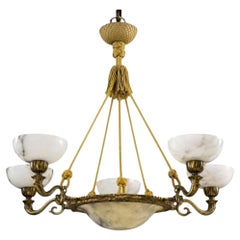 Large Swedish Art Deco Alabaster and Patinated Brass Chandelier, 1930s