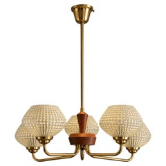 Swedish Mid-Century Modern Five-Light Pendant with Teak and Glass, 1960