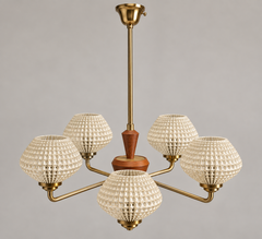 Swedish Mid-Century Modern Five-Light Pendant with Teak and Glass, 1960