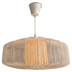 Swedish 1950s Embroidered Fabric Pendant Light with Sculptural Metal Frame
