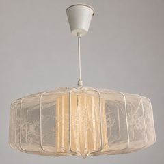 Swedish 1950s Embroidered Fabric Pendant Light with Sculptural Metal Frame