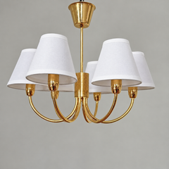 Large Swedish Modern Six-Arm Brass Chandelier, Sweden, 1950s