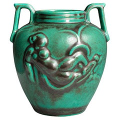 Vaso in ceramica turchese in stile Art Déco svedese di Einar Luterkort per Upsala Ekeby, anni ’30