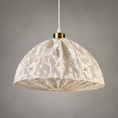 Scandinavian Modern 1950s Pendant Lamp, Sweden, Brass and Embroidered Lace Shade