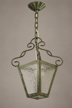 Schwedische rustikale Hängelaterne aus Schmiedeeisen mit strukturiertem Glas, 1940er Jahre