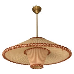 Large Swedish Designer Pendant Light, Fabric & Brass - Early 1950s