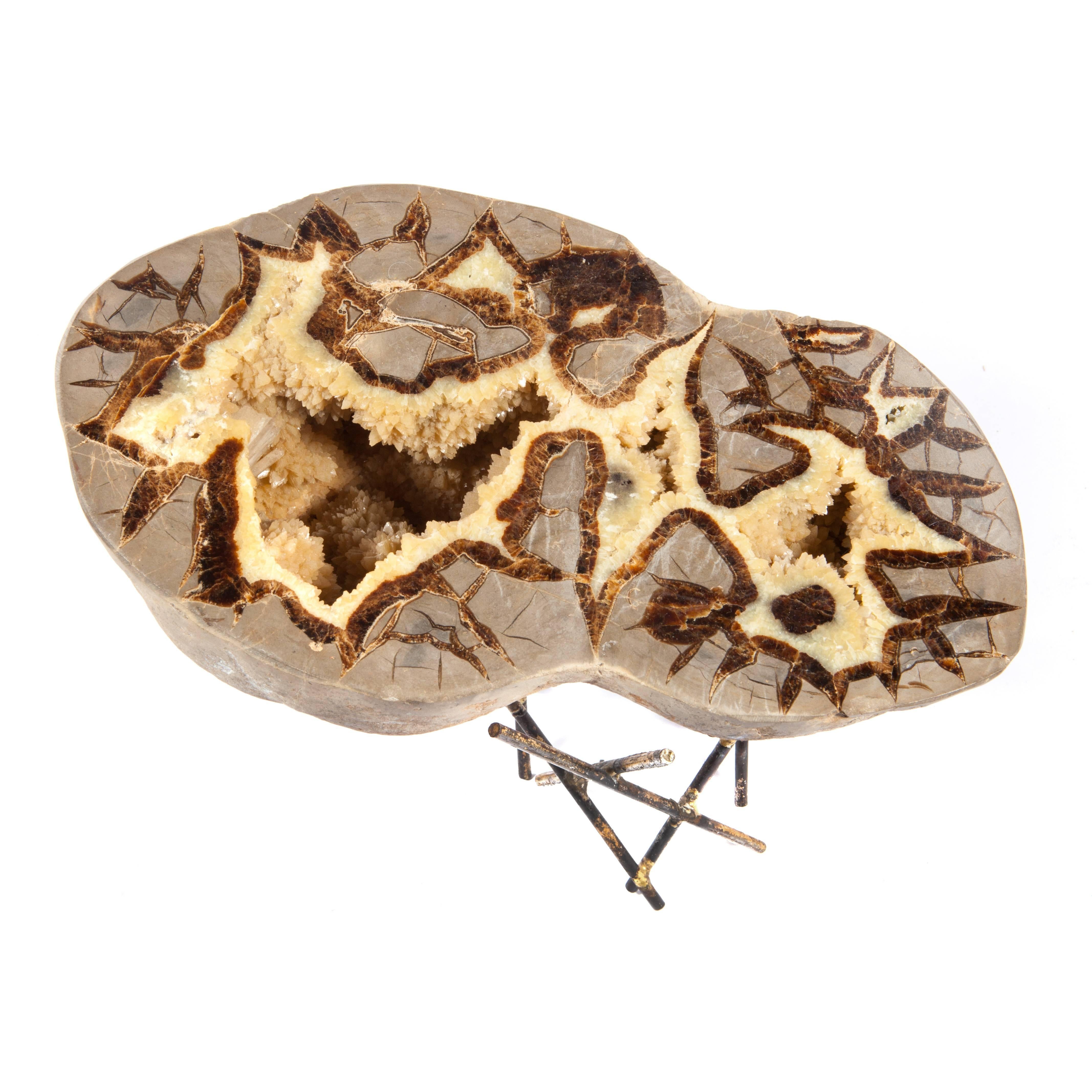 Geode on 1970s Sculptural Metal Stand In Good Condition For Sale In Brooklyn, NY