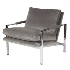 Milo Baughman Chrome Flat Bar Lounge Chair in Mohair