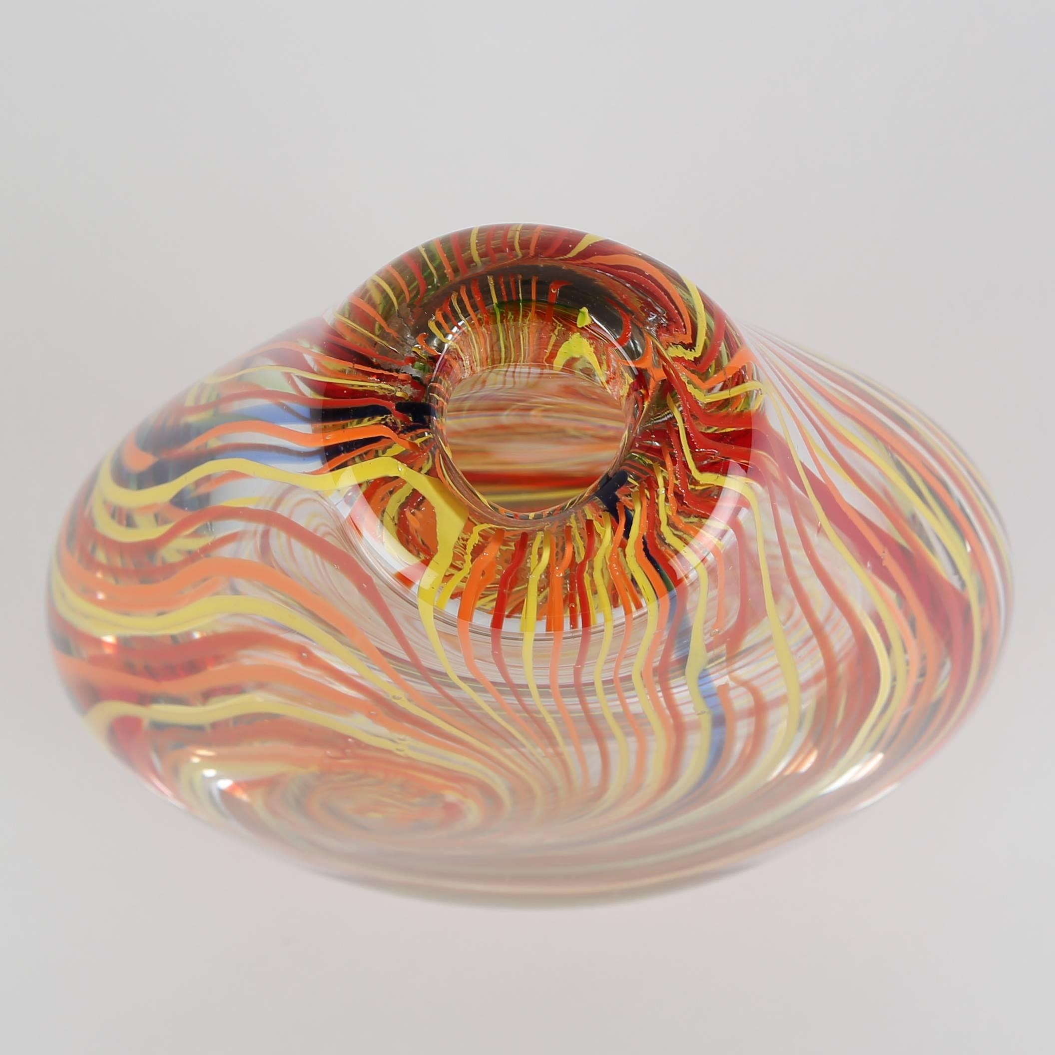 Mid-20th Century Murano 1960s Art Glass Vase with Swirls of Orange, Red, Yellow and Blue